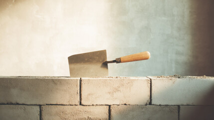Trowel and level tool positioned on top of a neatly constructed masonry wall