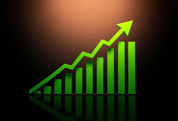 Upward trending green arrow on histogram chart illustrating business growth, statistics, success