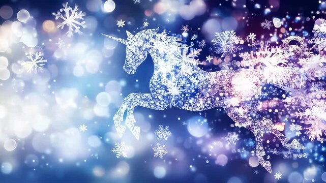 A dreamy unicorn leaps through a flurry of sparkling snowflakes in a winter wonderland.
