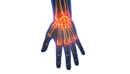 Human hand x-ray showing bones and wrist joint anatomy for medical and healthcare isolated on white background 