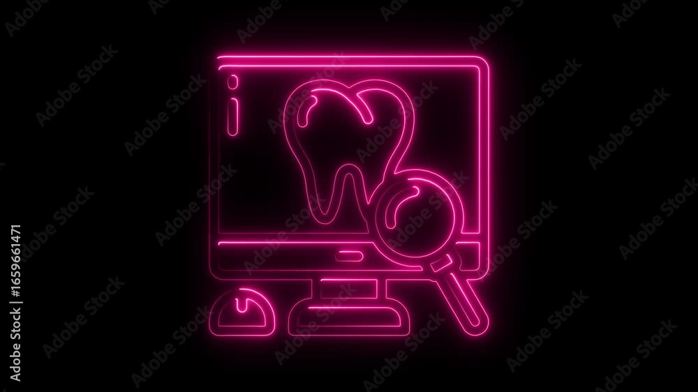 Poster pink neon icon of computer monitor displaying tooth with magnifying glass and mouse abstract analysi
