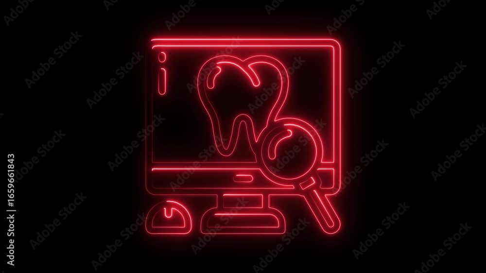 Poster red neon icon of computer monitor displaying tooth with magnifying glass and mouse abstract analysis