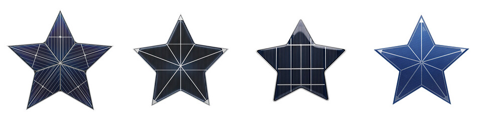 Obraz premium Star shaped solar cell panels isolated on transparency background with different designs and blue shades, showcasing renewable energy innovation