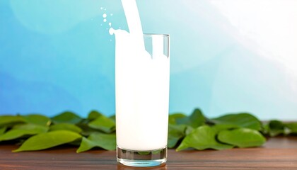 Milk pouring into a glass, splash, leaves