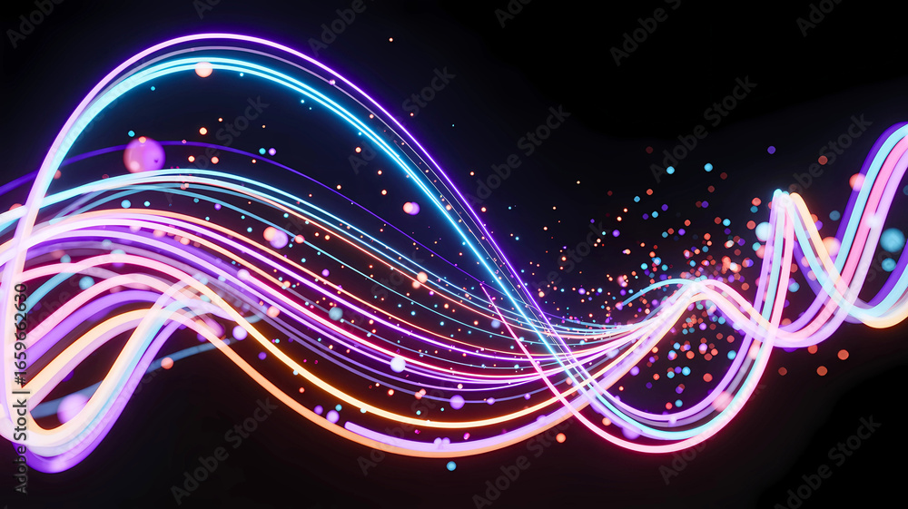 Aufkleber vibrant stream of glowing neon light trails and sparkling particles representing data flow and digit