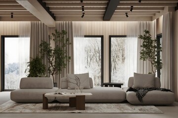 A modern living room in a luxurious stylish indoor design style..