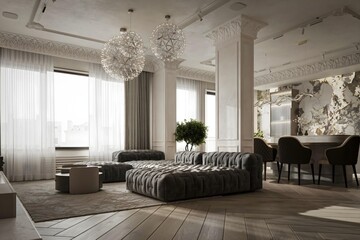 A modern living room in a luxurious stylish indoor design style..