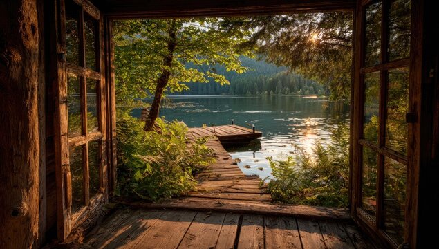 Cabin window view of lake sunrise