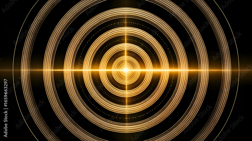 Poster luminous golden circular waves and rings with a bright central flare. abstract futuristic background