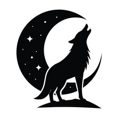 Black Silhouette of a Howling Wolf Facing Moon