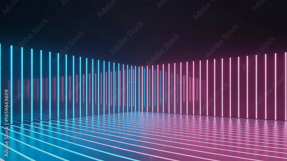 Poster Abstract background with glowing vertical neon lines in blue and pink. Futuristic 3D rendered empty stage with reflective floor.