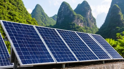 A serene landscape shows solar panels in the foreground, framed by lush mountains, Ideal for promoting renewable energy, sustainability