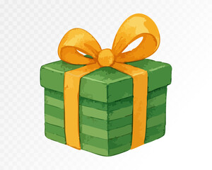 Watercolor Christmas gift box in green with golden ribbon and bow. Festive holiday present illustration perfect for cards, wrapping paper and seasonal design