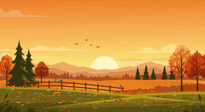 A beautifully rendered autumn landscape illustration showcasing vibrant fall foliage, golden fields, and majestic mountains under a warm setting sun, perfect for seasonal designs and backgrounds.