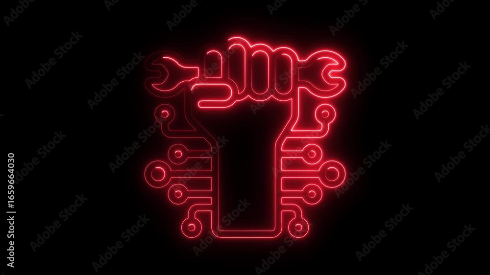 Poster red neon outline of a fist with a wrench and circuit board elements on a black background technology