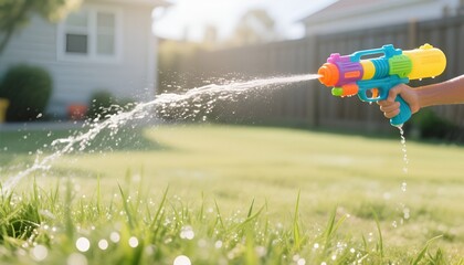 Naklejka premium Hand holding water gun spraying in sunlight on grass in front yard