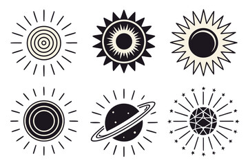 Fototapeta premium Collection of six stylized celestial sun and planet icons in black and white