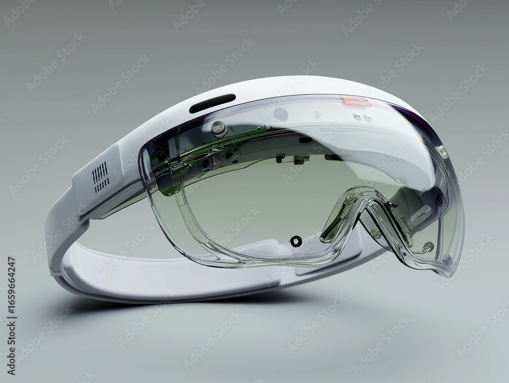Poster futuristic augmented reality headset showcasing advanced transparent display technology and internal