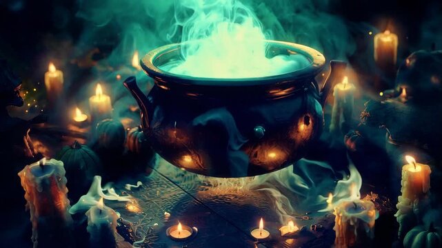 Enchanted cauldron with mystical glow and rising steam in candlelit setting