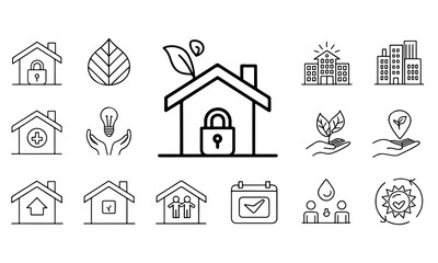Eco friendly home and building icons set