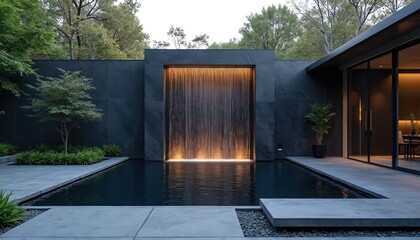 Modern zen water wall features black granite, integrated LED lighting, creating tranquil backyard oasis. Sleek geometric design with falling water into dark pool. Luxury landscaping enhances