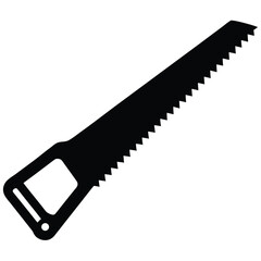 An isolated vector illustration of a sharp metal hand saw with a black plastic handle, a cutting tool for work