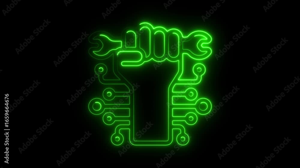 Poster green neon outline of a fist with a wrench and circuit board elements on a black background technolo