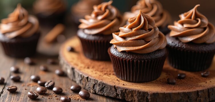 Rich chocolate cupcakes with smooth coffee frosting adorn rustic wooden board, scattered with roasted coffee beans. Decadent desserts offer delightful sweet treat, perfect for bakery promotions