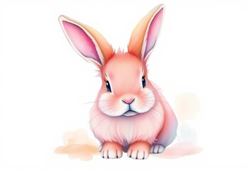 Adorable watercolor bunny, soft pink hues, long ears, white background ,  happy,  pastel