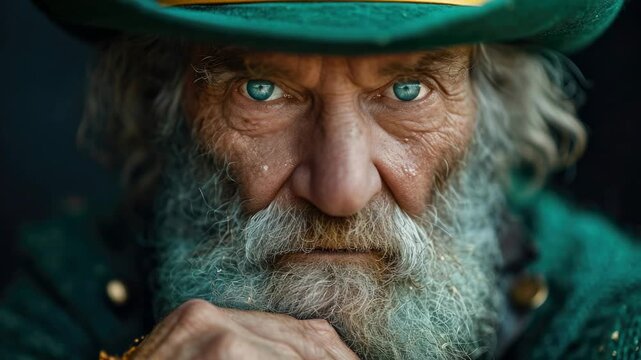 Intriguing elderly man with striking blue eyes and gray beard showcases character in vibrant green attire