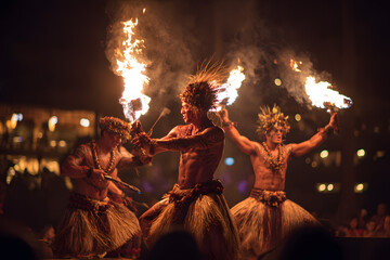 Fire dancers at Hawaii luau show, polynesian hula dance men jugging with fire torches.