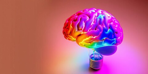 Colorful brain inside glowing lightbulb on beige background Education concept, creative, colorful brain