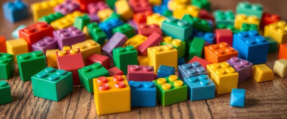 Obraz premium Colorful building blocks scattered on wooden table, close-up, early childhood, game