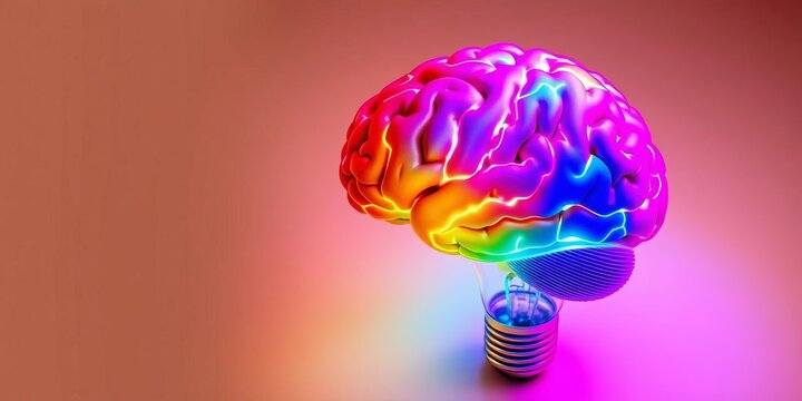 Colorful brain inside glowing lightbulb on beige background Education concept,  creative,  colorful brain