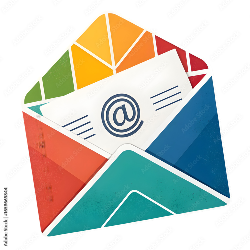 Poster colorful envelope with email symbol and abstract geometric pattern isolated on a transparent backgro