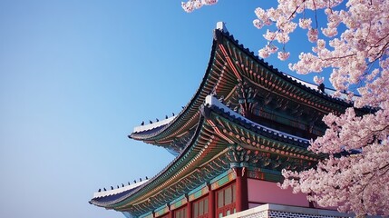 A stunning view of traditional architecture framed by blooming cherry blossoms against a clear blue sky, perfect for travel articles, cultural projects, or nature themes,