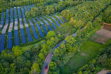 Photovoltaic panels on a hillside at sunset