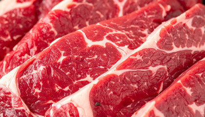 Beef marble texture. Fresh raw meat backdrop. Tasty food. Top view.