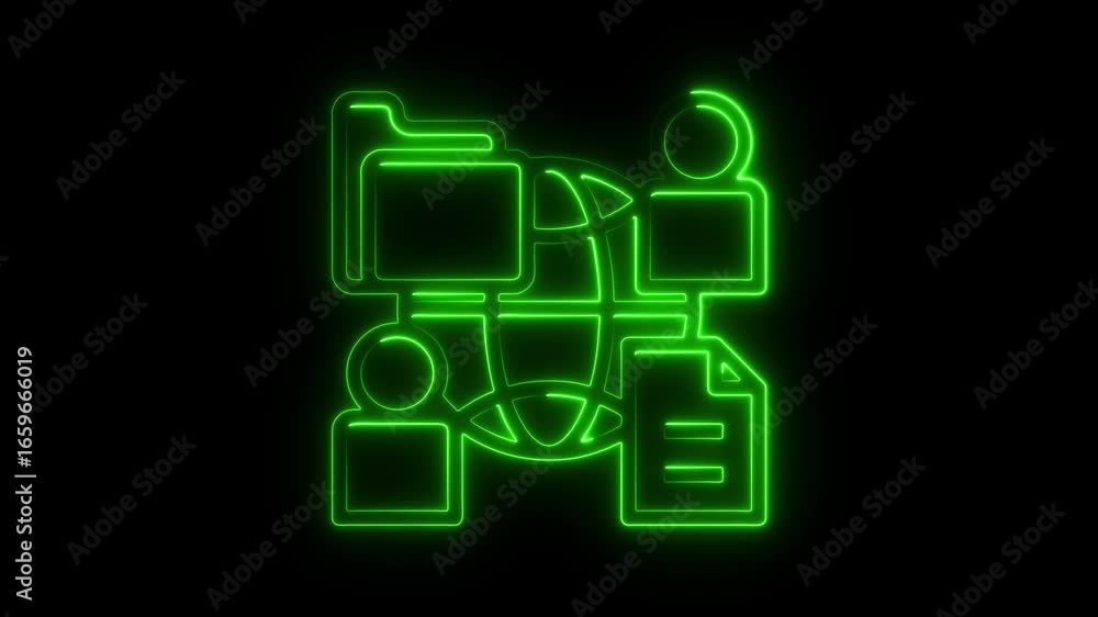 Poster green neon glow network connection icon with globe and folder world internet