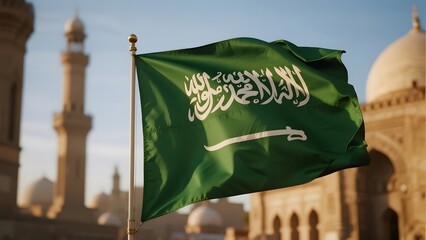 Saudi Arabian flag waving in front of traditional Islamic architecture under a clear sky
