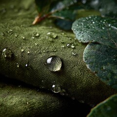 Close-up of water droplets on dark olive green fabric