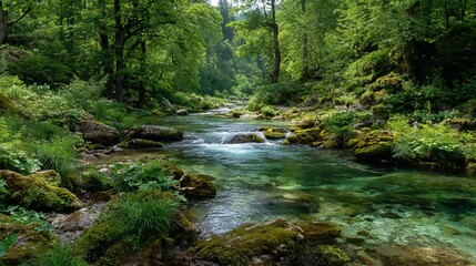 Obraz premium Serene forest stream flows through lush green woodland with mossy rocks and dappled sunlight creating a peaceful atmosphere.