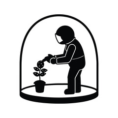 Black Silhouette of an Astronaut Watering a Plant