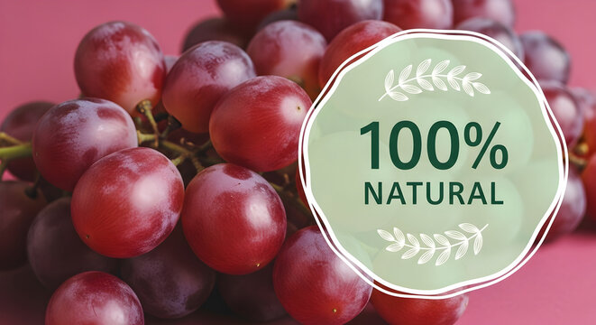 Ripe red grapes with 100 percent natural label for healthy eating or fresh fruit concept - Powered by Adobe