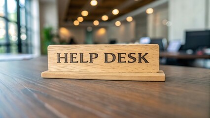 A wooden help desk sign on a wooden table in a modern office setting providing assistance and support to customers
