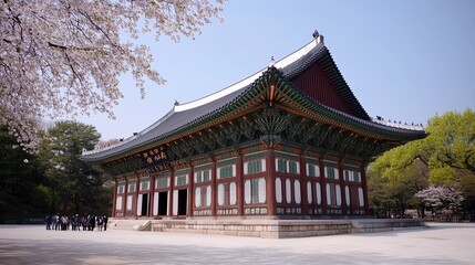 A traditional Asian building surrounded by blooming cherry blossoms in a serene park setting, Perfect for travel brochures, cultural articles, or as a backdrop for historical themes,