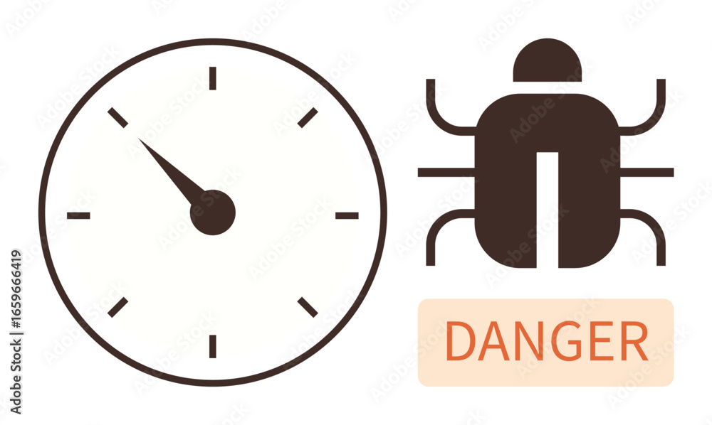 Poster clock with moving hand alongside a bug and danger label. ideal for cybersecurity, malware, urgency, 