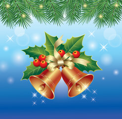 Merry Christmas. Holiday background with golden bells and rowan berries under fir branches. Vector illustration for New Year holiday design.