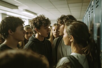 Fototapeta premium a group of teenagers arguing loudly in a crowded school hallway
