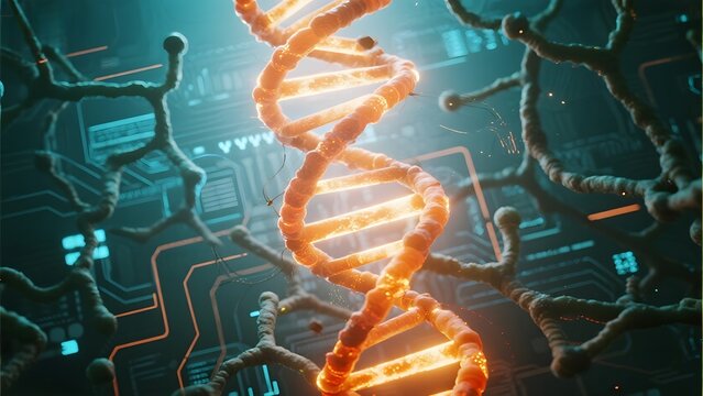Illuminated DNA Helix in a Futuristic Digital Environment - Powered by Adobe